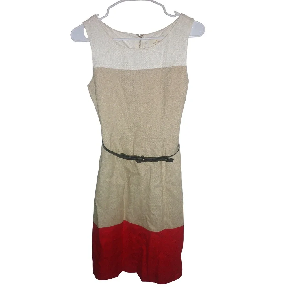 Kate Spade Colorblock Sheath‎ Dress Women 2 Red Tan White Belted